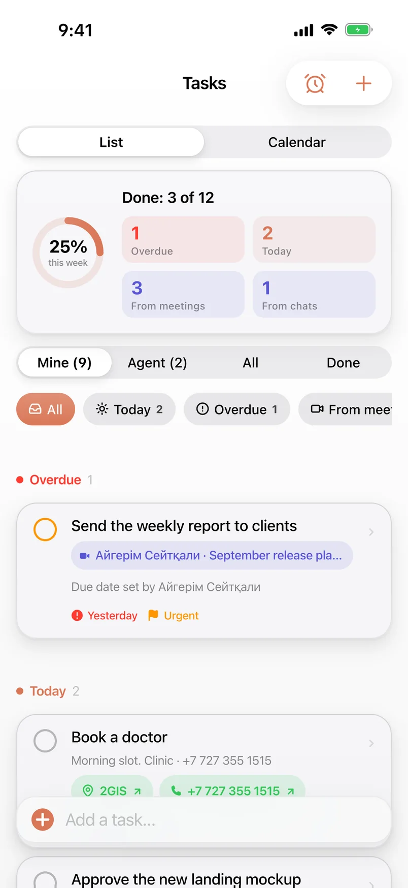 Tasks in Qolqanat: overdue, due today and from the team